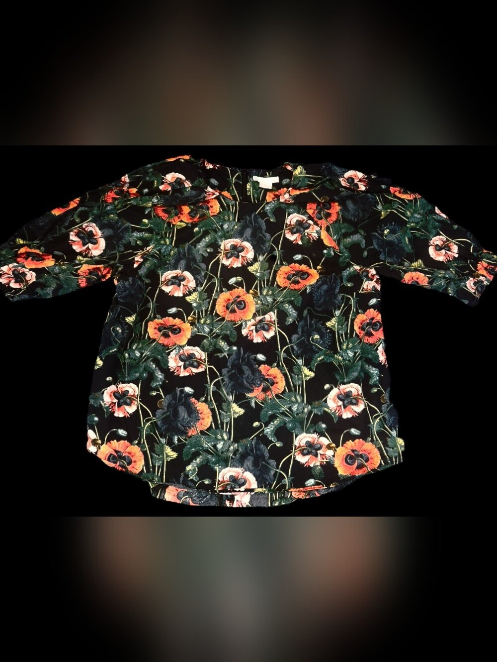 #WC141 H&M Black Blouse with Red Floral & Green Leaf Print